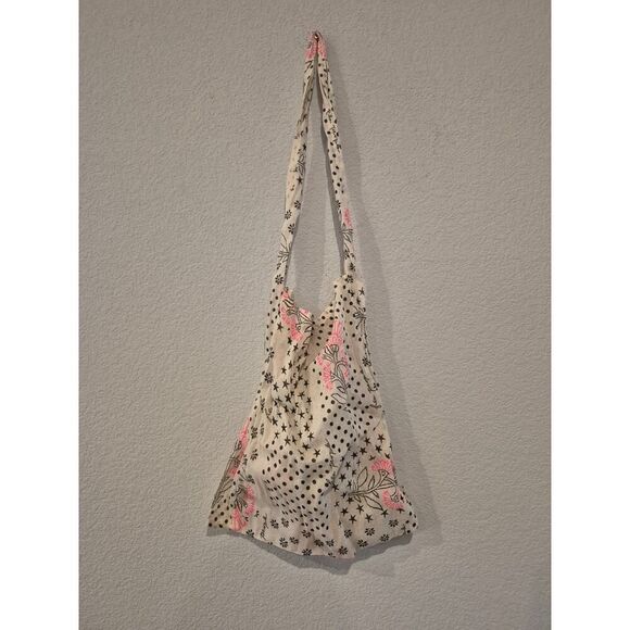 Free People Gauze Muslin Reusable Tote Bag White Pink Print 18x17 Large Eco Bag - Picture 1 of 5